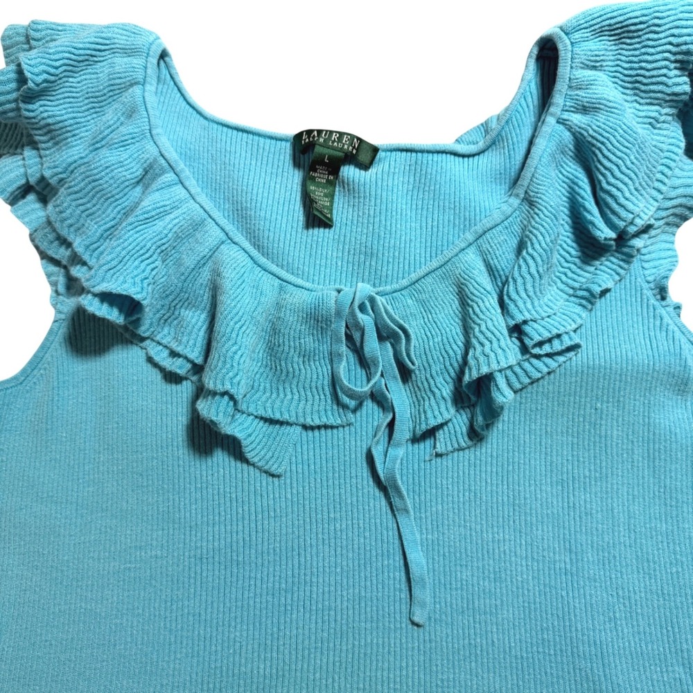 Lauren Ralph Lauren Silk Blend Ruffle Neck Ribbed Knit Top Turquoise Blue Large - Picture 2 of 8